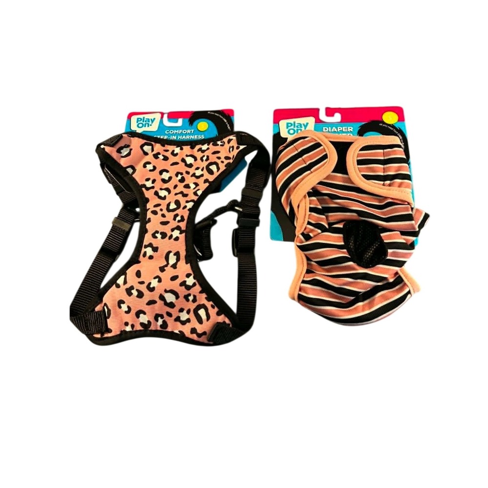 Play On Harness and Diaper Cover Set Small Pink Leopard Stripe New Pet 2pack